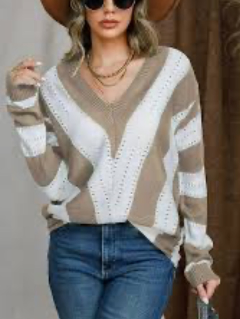 V-Neck Stripe bohemian chevron  Openwork Sweater - Taupe & White